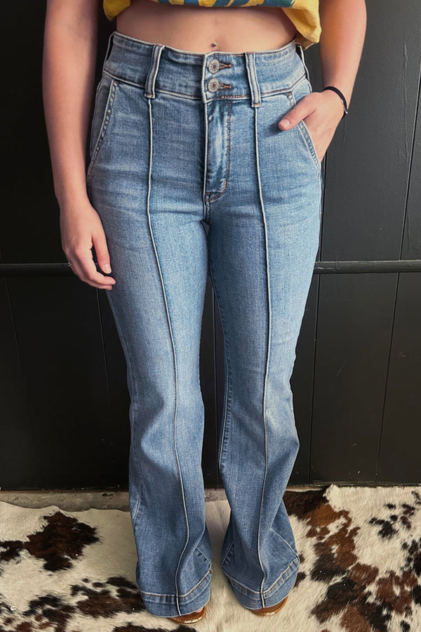 Dusk Blue Buttoned High Waist Piping Trim Flared Jeans