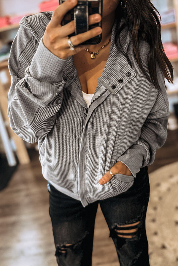 Gray Waffle Splicing Zip Up Front Button Hooded Jacket