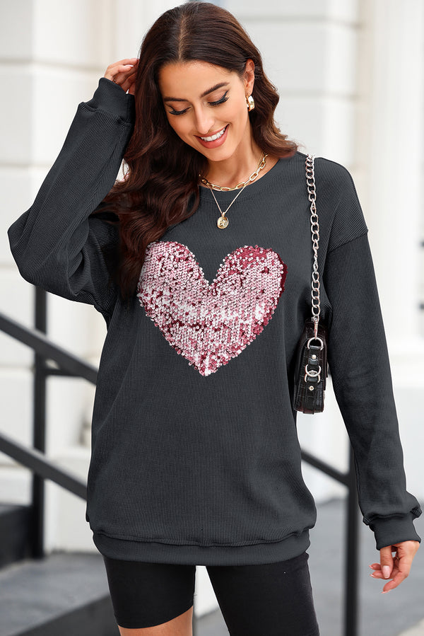Heart Sequin Round Neck Sweatshirt